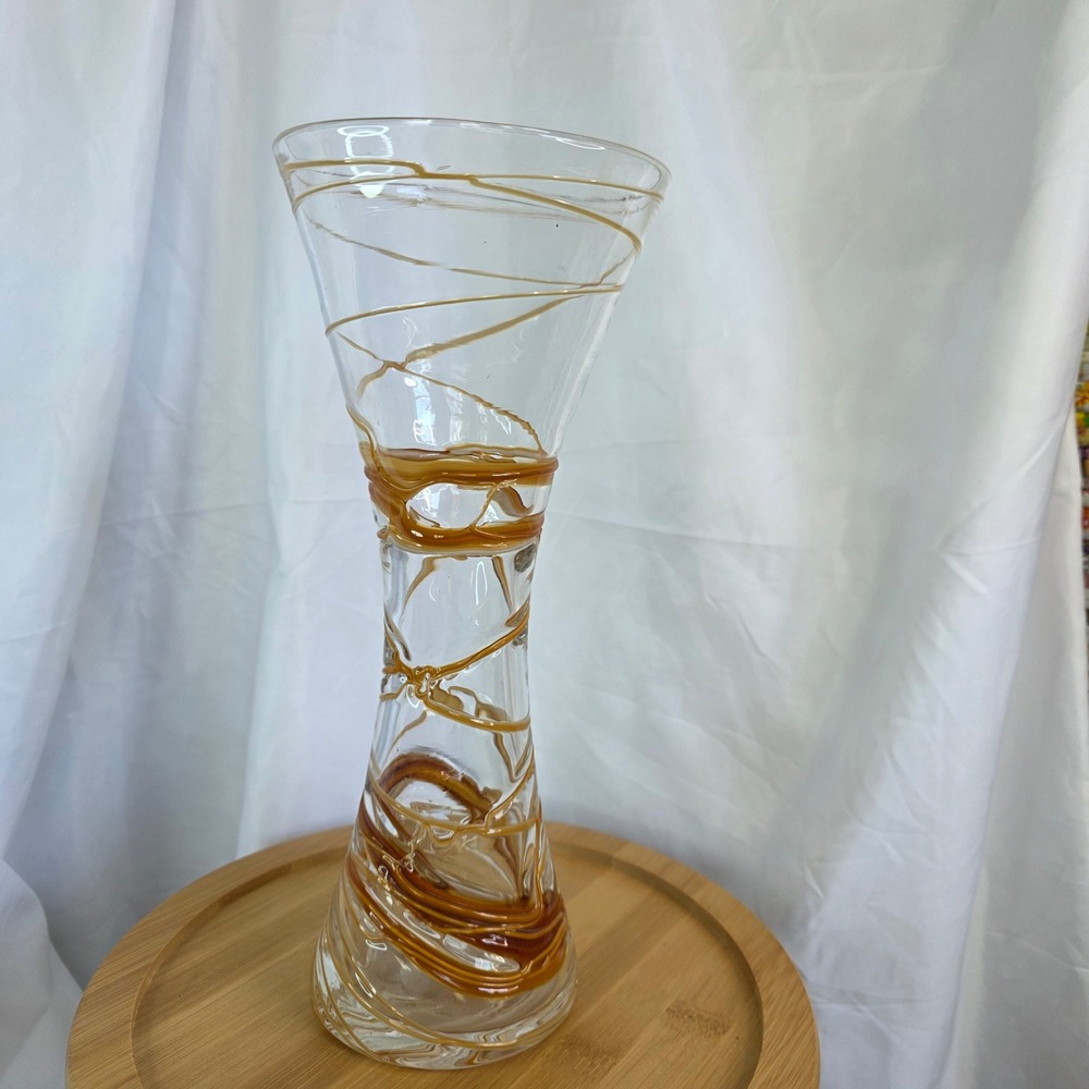 Hand Blown Art Glass Vase Amber Brown Swirl Hourglass Flared Rim 11.5 Inch